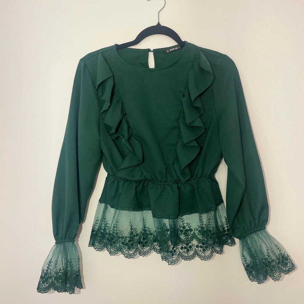 SHEIN Emerald Ruffle Lace Blouse